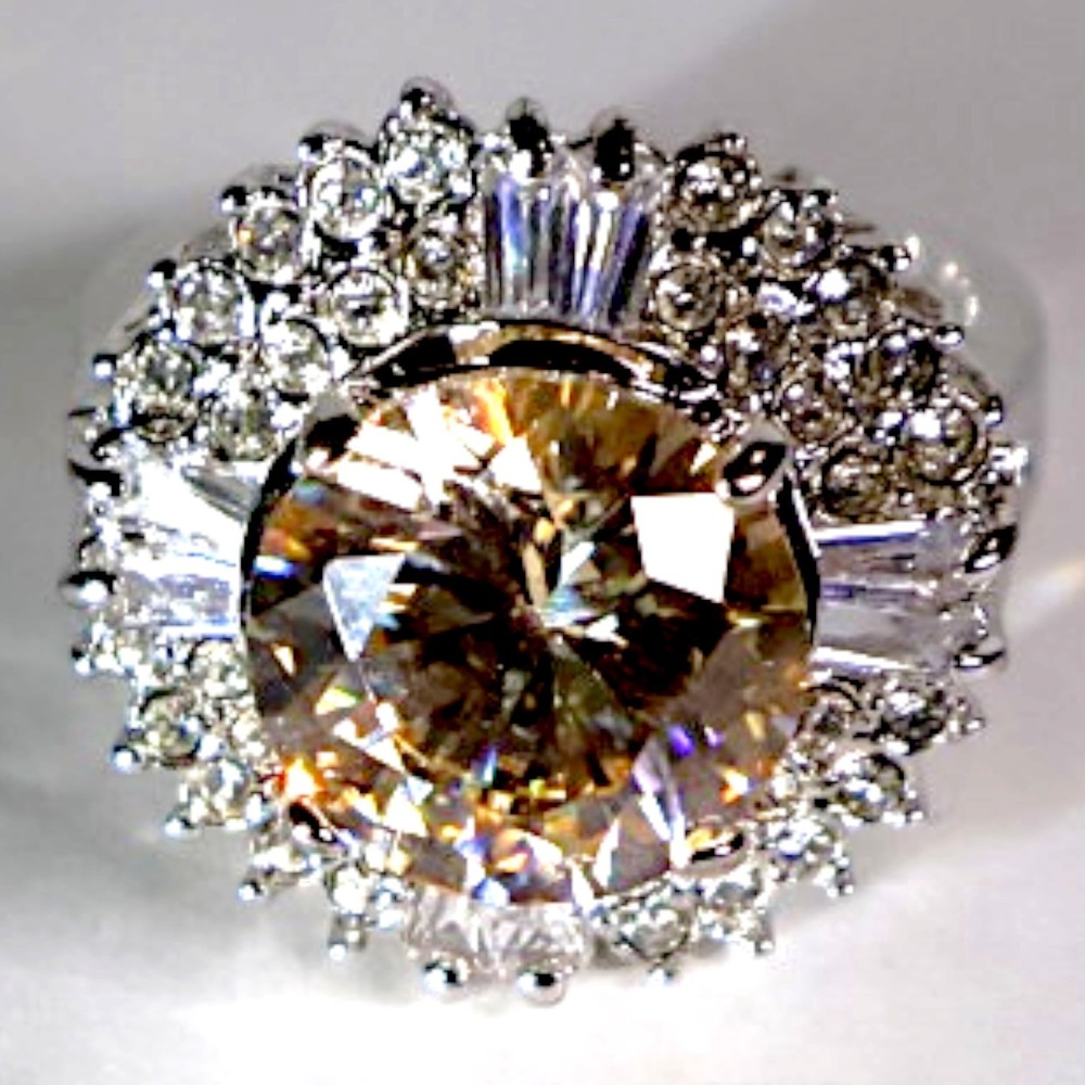 Swarovski Crystal Champagne Cocktail Ring Sterling Silver Overlay Size 8 NEW